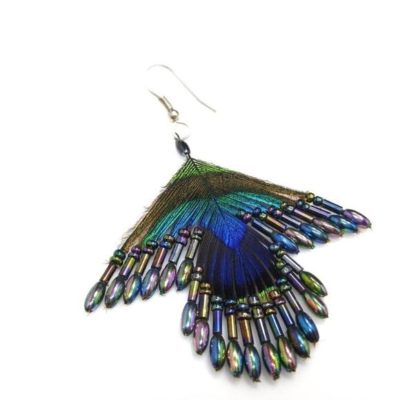 Handmade Peacock Feather Iridescent Glass Seed Beaded Earrings, 3 1/4 Inches - Picture 3 of 7